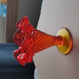 Vintage Fenton Small Amberina Trumpet shape Hobnail Ruffled Glass Vase